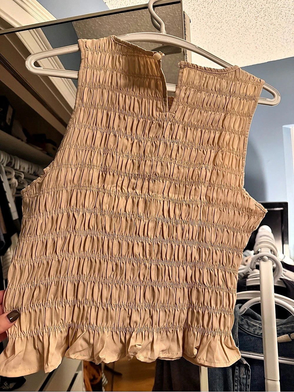 Smocked Ruffle Tank Top in Cream - Picture 2 of 2